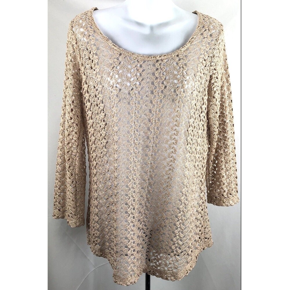 JM Crochet Lace Top PL Tan 3/4 Sleeve CoverUp Fairy Y2K bohemian hippie beach